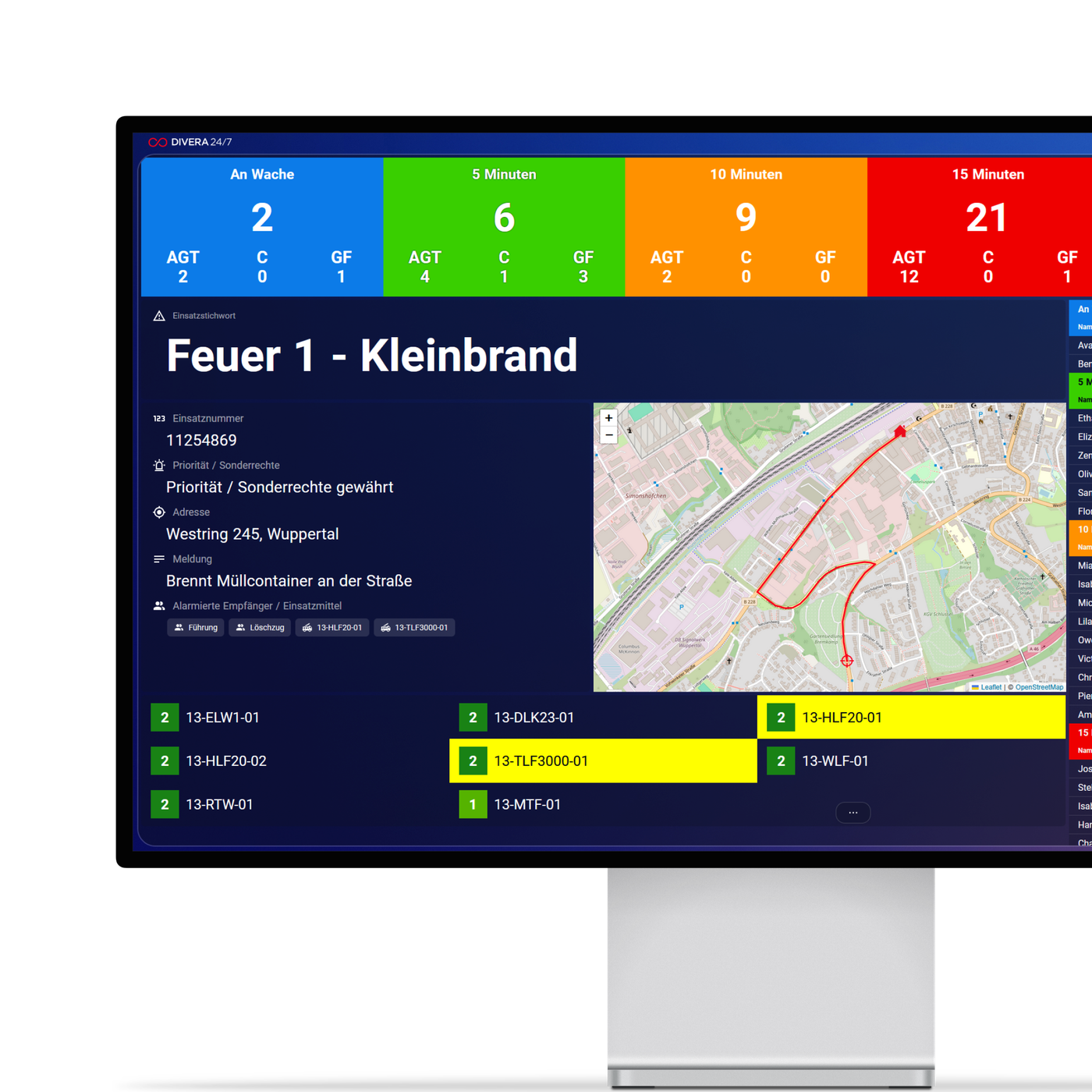Übersicht einer Alarmierung mit dem DIVERA 24/7 Alarmmonitor